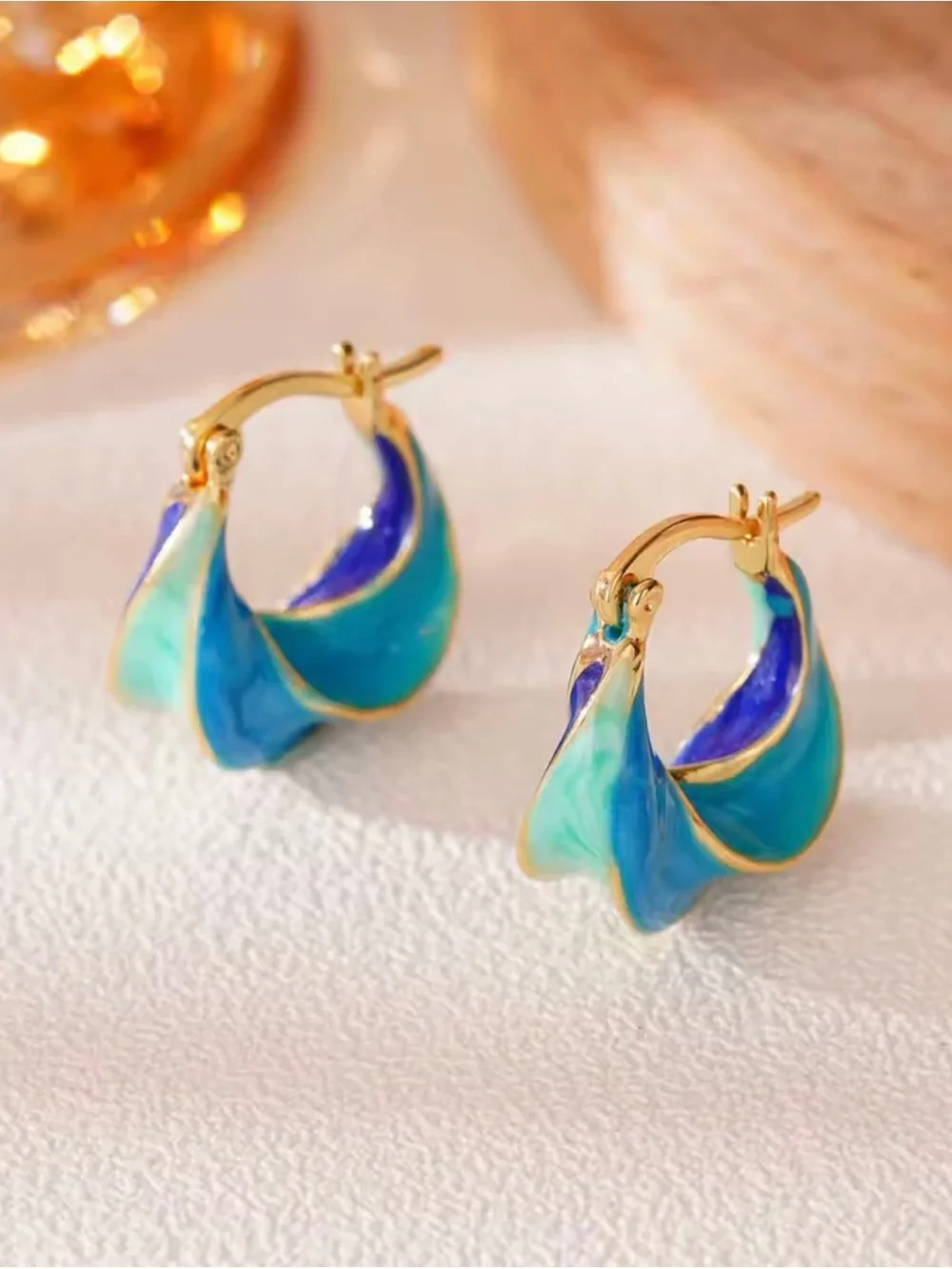 Gold-Tone Hoop Earrings with Blue & Teal Enamel - Picture 7 of 7